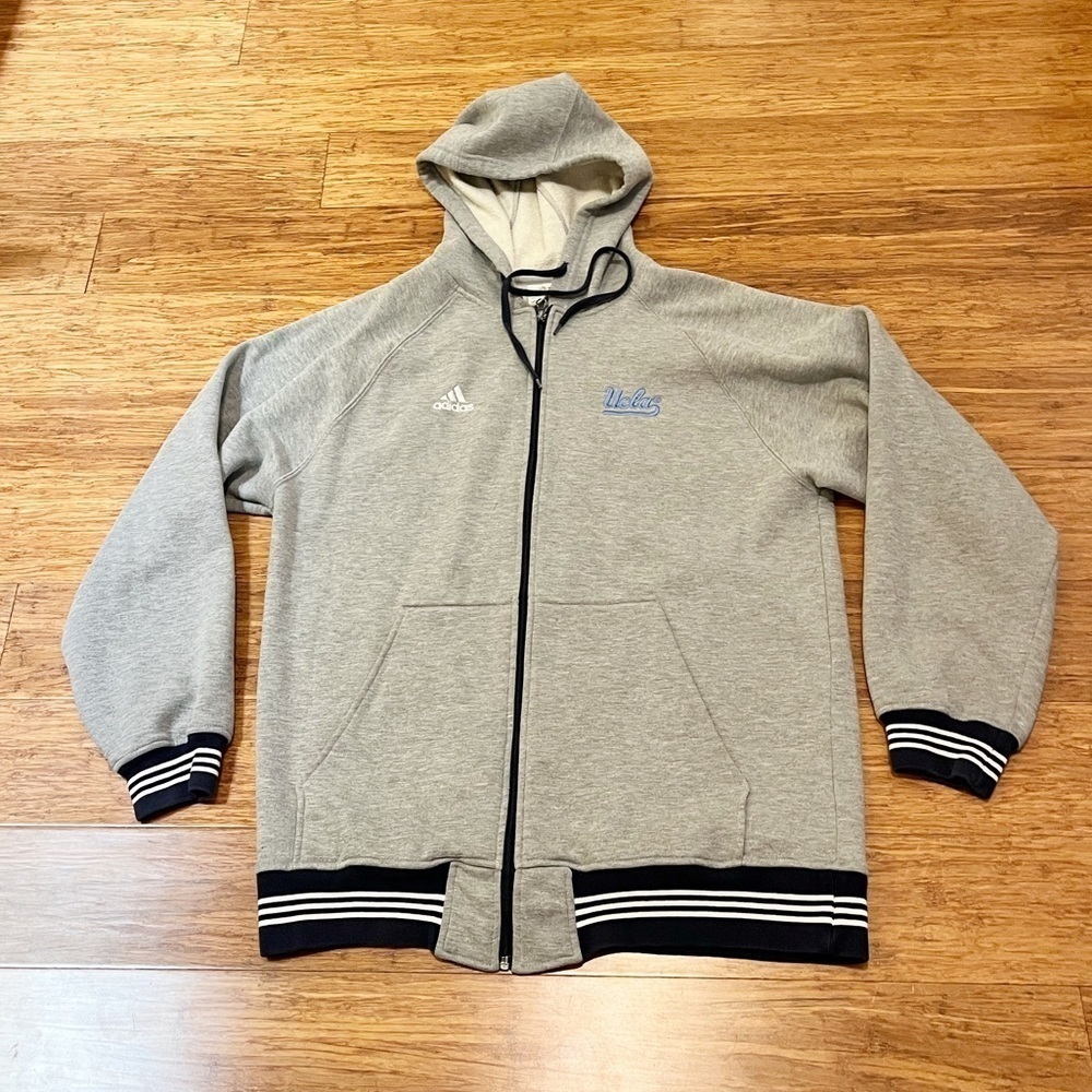 Adidas UCLA full zip gray sweatshirt jacket w/ blue stripes & hood. Men's Medium